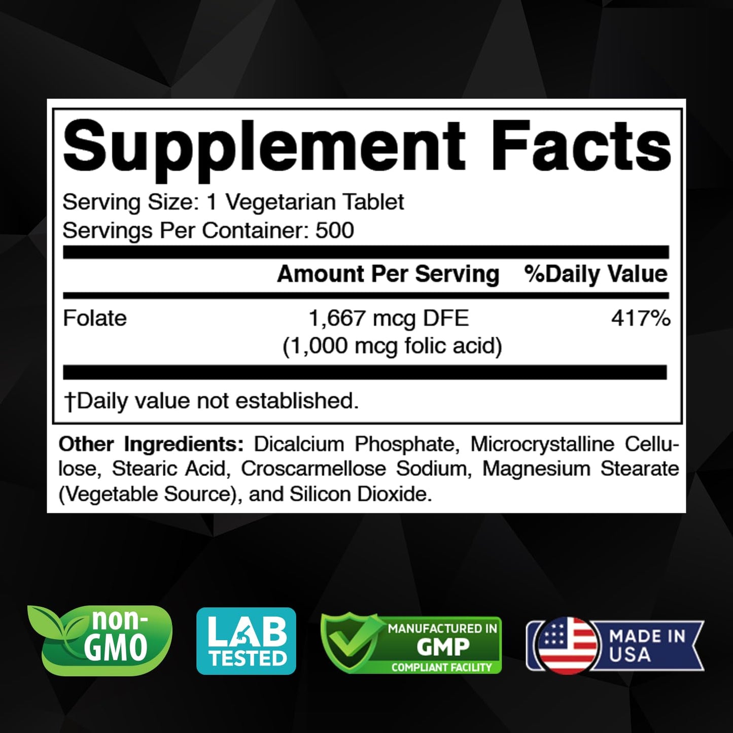 Vitabod Folic Acid 1 mg (1000 mcg) – 500 Vegetarian Tablets | Prenatal & Postnatal Vitamin