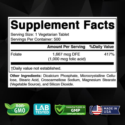 Vitabod Folic Acid 1 mg (1000 mcg) – 500 Vegetarian Tablets | Prenatal & Postnatal Vitamin