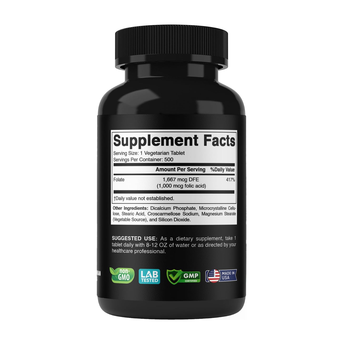 Vitabod Folic Acid 1 mg (1000 mcg) – 500 Vegetarian Tablets | Prenatal & Postnatal Vitamin