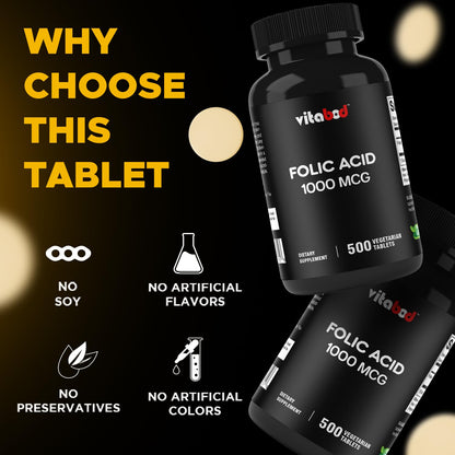 Vitabod Folic Acid 1 mg (1000 mcg) – 500 Vegetarian Tablets | Prenatal & Postnatal Vitamin