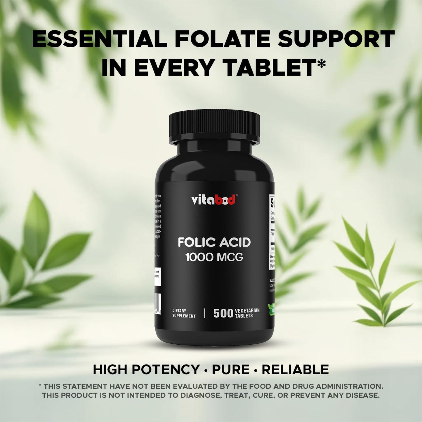 Vitabod Folic Acid 1 mg (1000 mcg) – 500 Vegetarian Tablets | Prenatal & Postnatal Vitamin