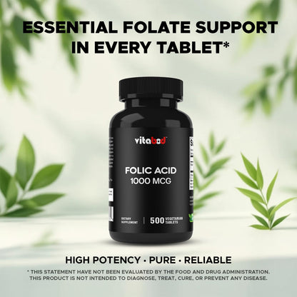 Vitabod Folic Acid 1 mg (1000 mcg) – 500 Vegetarian Tablets | Prenatal & Postnatal Vitamin