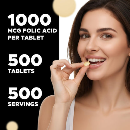 Vitabod Folic Acid 1 mg (1000 mcg) – 500 Vegetarian Tablets | Prenatal & Postnatal Vitamin
