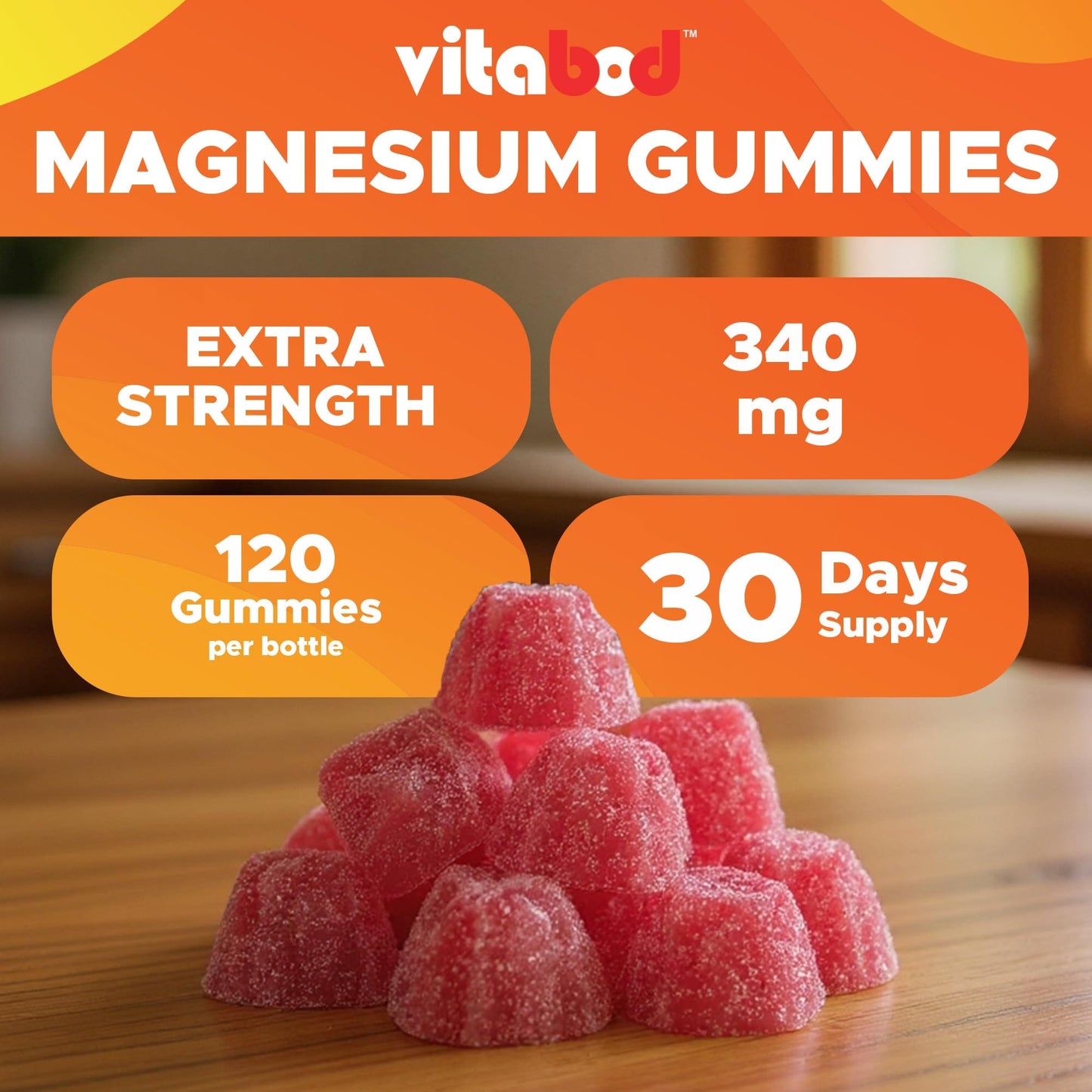 Vitabod Extra Strength Magnesium Gummies – 340 mg | 120 Gummies – Supports Nerve, Muscle & Bone Health