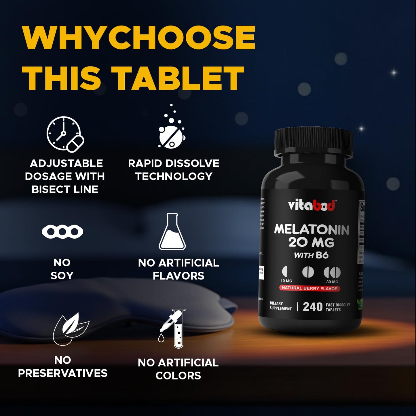 Vitabod Melatonin 20 mg – 240 Fast-Dissolve Tablets | Berry Flavor, Vegetarian & Non-GMO