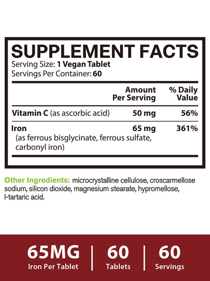 Vitacook Iron Supplement 65mg – 3-in-1 Bisglycinate, Sulfate & Carbonyl Iron with Vitamin C, 60 Tablets
