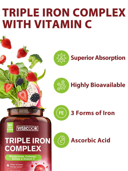 Vitacook Iron Supplement 65mg – 3-in-1 Bisglycinate, Sulfate & Carbonyl Iron with Vitamin C, 60 Tablets