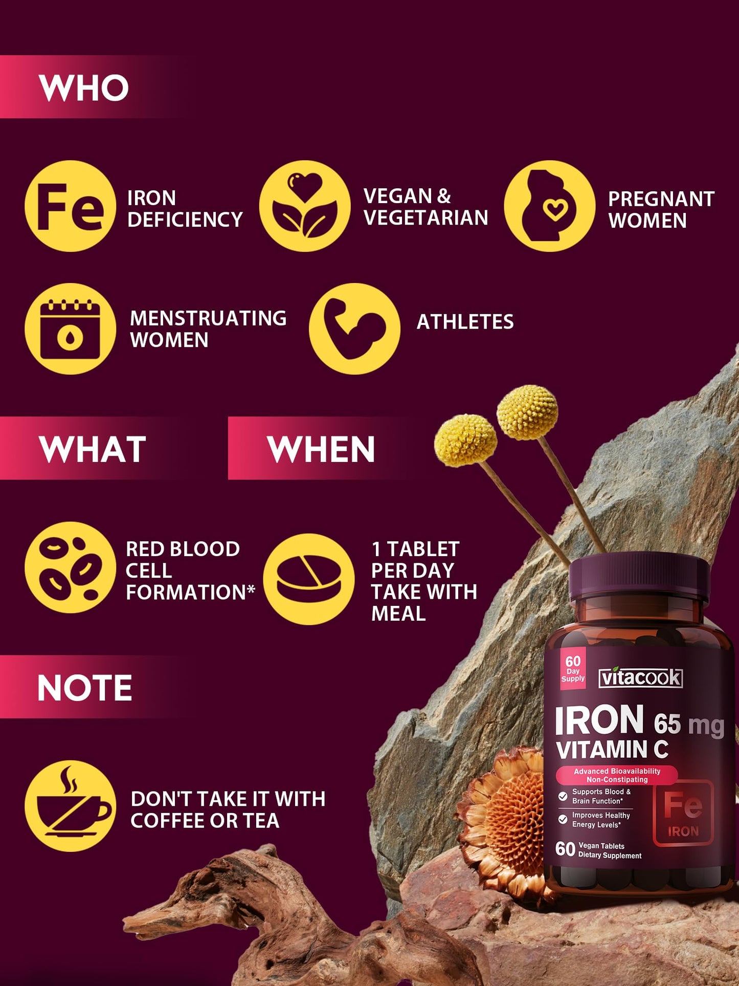 Vitacook Iron Supplement – 65mg Iron + 250mg Vitamin C | Gluten Free