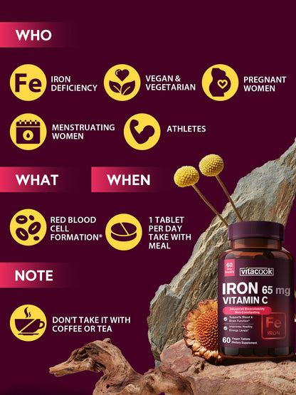 Vitacook Iron Supplement – 65mg Iron + 250mg Vitamin C | Gluten Free