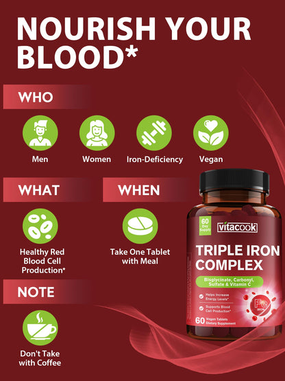 Vitacook Iron Supplement 65mg – 3-in-1 Bisglycinate, Sulfate & Carbonyl Iron with Vitamin C, 60 Tablets