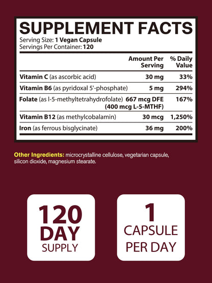 Vitacook Iron Supplement for Women & Men, Iron Bisglycinate with Vitamin C, B6, B12, Folate, Stomach Friendly, Non-Constipating, Blood Health & Energy Boost, 120 Vegan Caps
