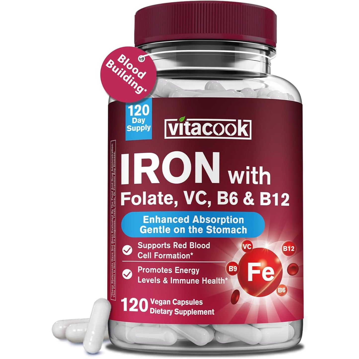 Vitacook Iron Supplement for Women & Men, Iron Bisglycinate with Vitamin C, B6, B12, Folate, Stomach Friendly, Non-Constipating, Blood Health & Energy Boost, 120 Vegan Caps