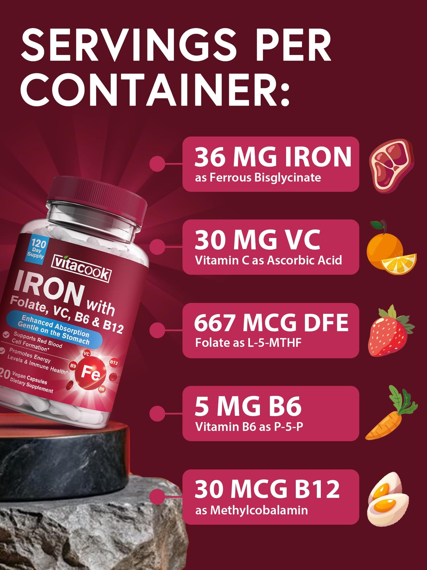 Vitacook Iron Supplement for Women & Men, Iron Bisglycinate with Vitamin C, B6, B12, Folate, Stomach Friendly, Non-Constipating, Blood Health & Energy Boost, 120 Vegan Caps