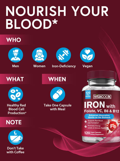 Vitacook Iron Supplement for Women & Men, Iron Bisglycinate with Vitamin C, B6, B12, Folate, Stomach Friendly, Non-Constipating, Blood Health & Energy Boost, 120 Vegan Caps