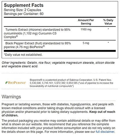 Vitacost Turmeric Extract Curcumin C3 Complex with Bioperine - 1,160 mg per Serving - 120 Capsules
