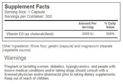 Vitacost Vitamin D3 (Cholecalciferol) 2000 IU – 300 Capsules