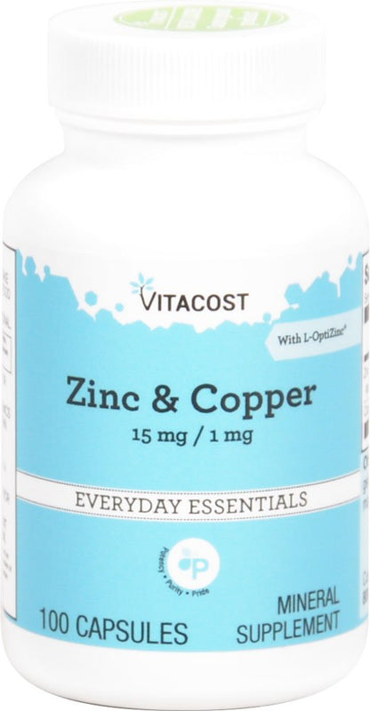 Vitacost Zinc & Copper 15 mg / 1 mg - 100 Capsules | Zinc Copper Supplement with L-OptiZinc