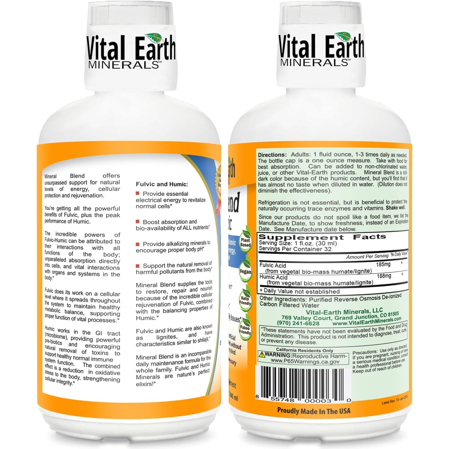 Vital Earth Minerals Fulvic Humic Mineral Blend Liquid – 70+ Trace Minerals & Electrolytes, 32 oz + 1 oz Cup