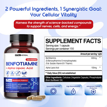 VITAL HERBAL Liposomal Benfotiamine with Alpha Lipoic Acid - Maximum Potency - Made in The USA