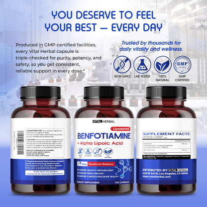 VITAL HERBAL Liposomal Benfotiamine with Alpha Lipoic Acid - Maximum Potency - Made in The USA
