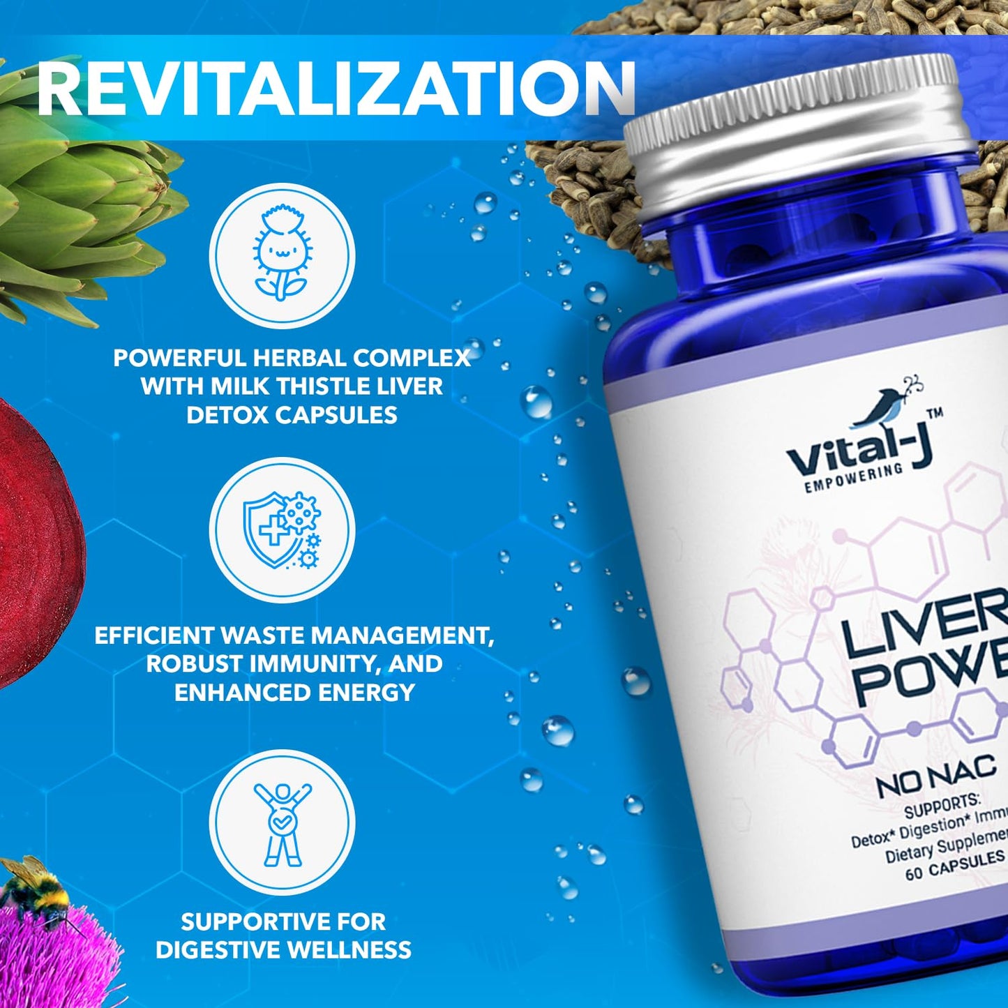 Vital-J 21-in-1 Liver Support Supplement – Detox, Repair & Digestion with Milk Thistle, Zinc, Beetroot (60 capsules)