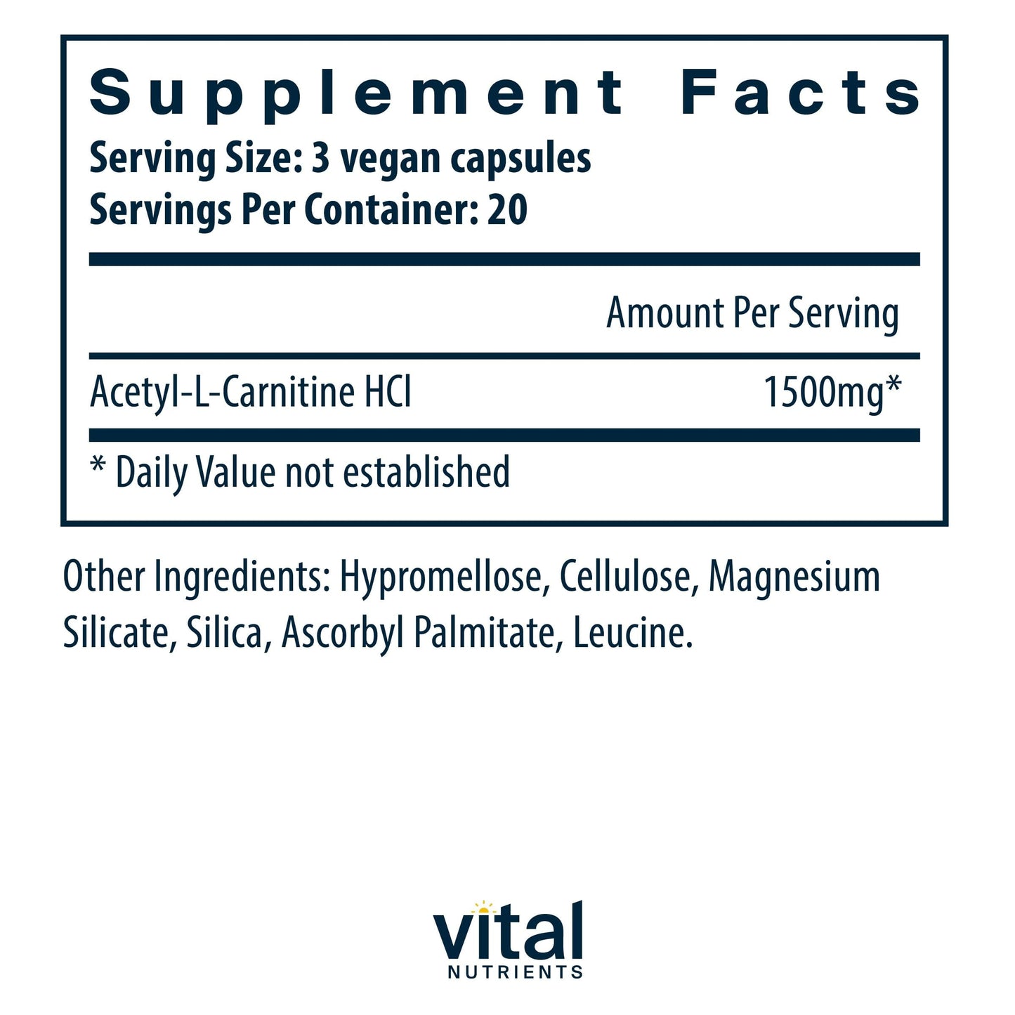 Vital Nutrients Acetyl L-Carnitine 500mg – Brain & Cognitive Support | Vegan, Non-GMO | 60 Capsules