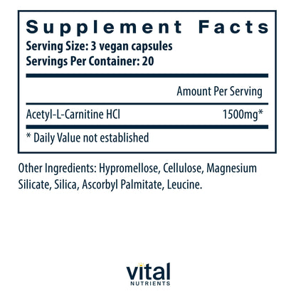 Vital Nutrients Acetyl L-Carnitine 500mg – Brain & Cognitive Support | Vegan, Non-GMO | 60 Capsules