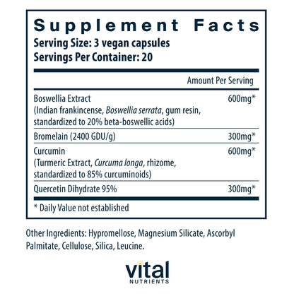 Vital Nutrients BCQ Vegan Joint Support – Boswellia, Bromelain, Curcumin & Quercetin | 60 Capsules