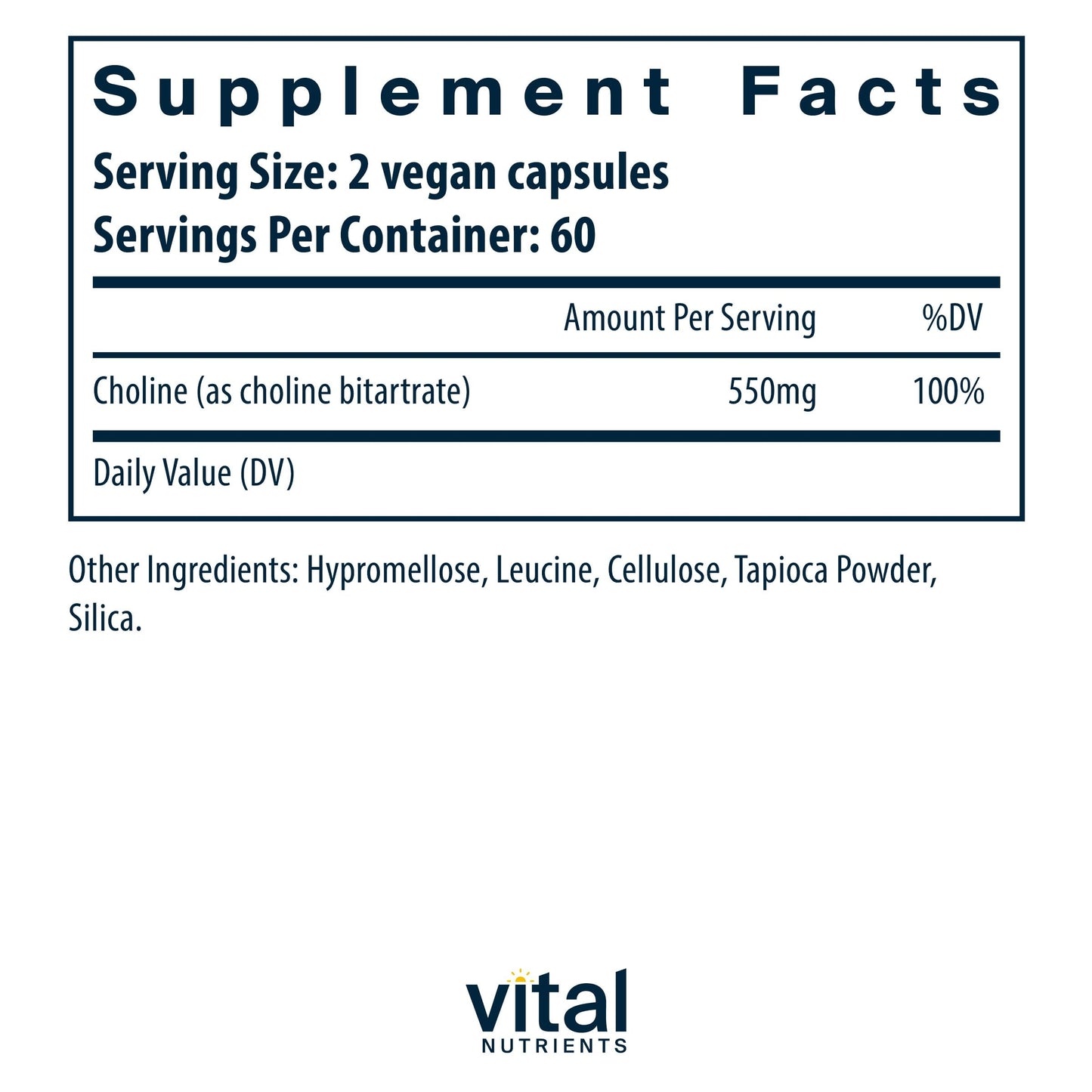 Vital Nutrients Choline 550mg – Vegan, Non-GMO, 100% RDA | 120 Capsules
