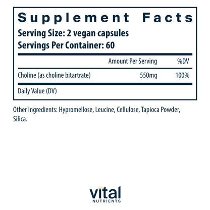 Vital Nutrients Choline 550mg – Vegan, Non-GMO, 100% RDA | 120 Capsules