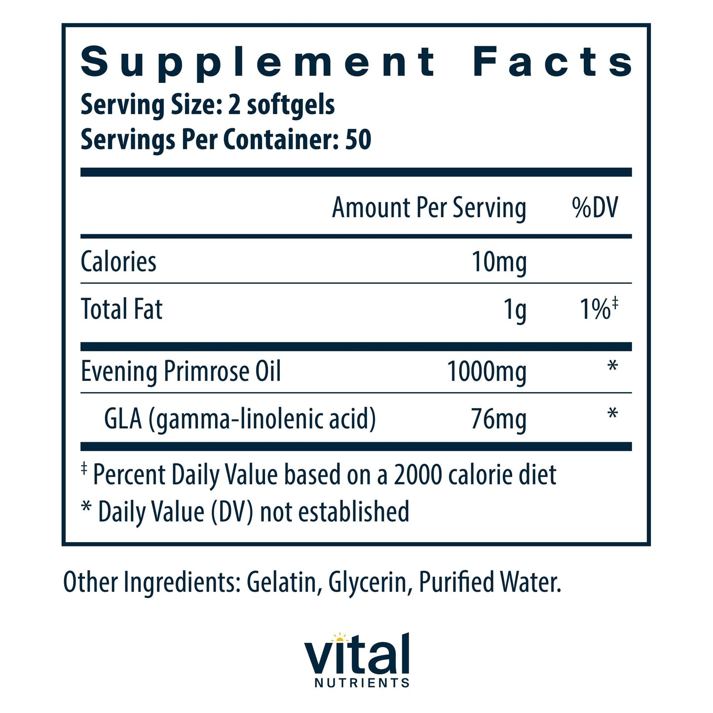 Vital Nutrients Evening Primrose Oil 1000mg – GLA Omega-6, 100 Softgels