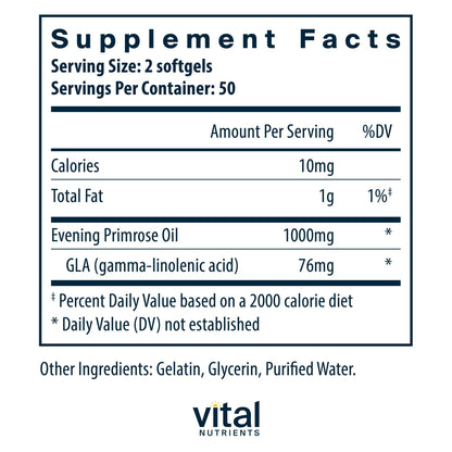 Vital Nutrients Evening Primrose Oil 1000mg – GLA Omega-6, 100 Softgels