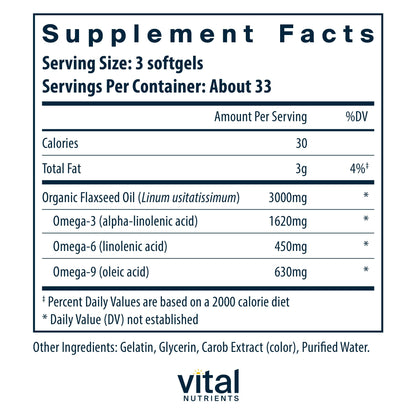 Vital Nutrients Flax Seed Oil 3000mg – Cold Pressed, High ALA for Heart Health | Non-GMO | Gluten, Dairy & Soy Free | 100 Softgels