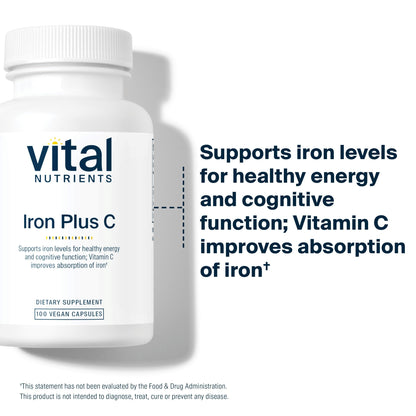 Vital Nutrients Iron Plus C - Vegan Iron Supplement with 20 mg Iron + 200 mg Vitamin C | Gluten Free, Non-GMO | 100 Capsules