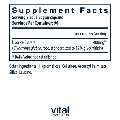 Vital Nutrients Licorice Root Extract | Herbal Immune & Adrenal Support | 90 Vegetarian Capsules - 400 mg