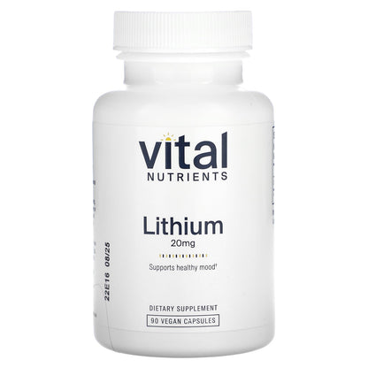 Vital Nutrients Lithium Orotate | Vegan Lithium Supplements for Memory, State of Mind, and Behavioral Health* | 20mg | Gluten, Dairy, Soy Free | 90 Capsules