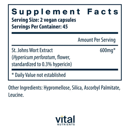 Vital Nutrients St John's Wort 600mg | Vegan St John's Wort Supplement for Overall Well-Being and Healthy Outlook | Potent 3% Hypericin | Gluten, Dairy, Soy Free | Non-GMO | 90 Capsules