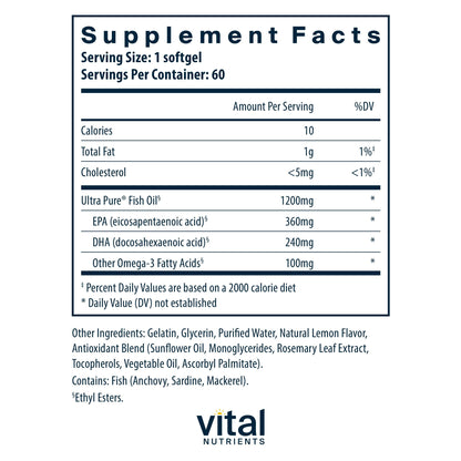 Vital Nutrients Ultra Pure Fish Oil 700 | High EPA & DHA | Lemon | 60 Softgels