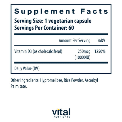 Vital Nutrients Vitamin D3 10000 IU – Immune & Bone Support, 60 Capsules