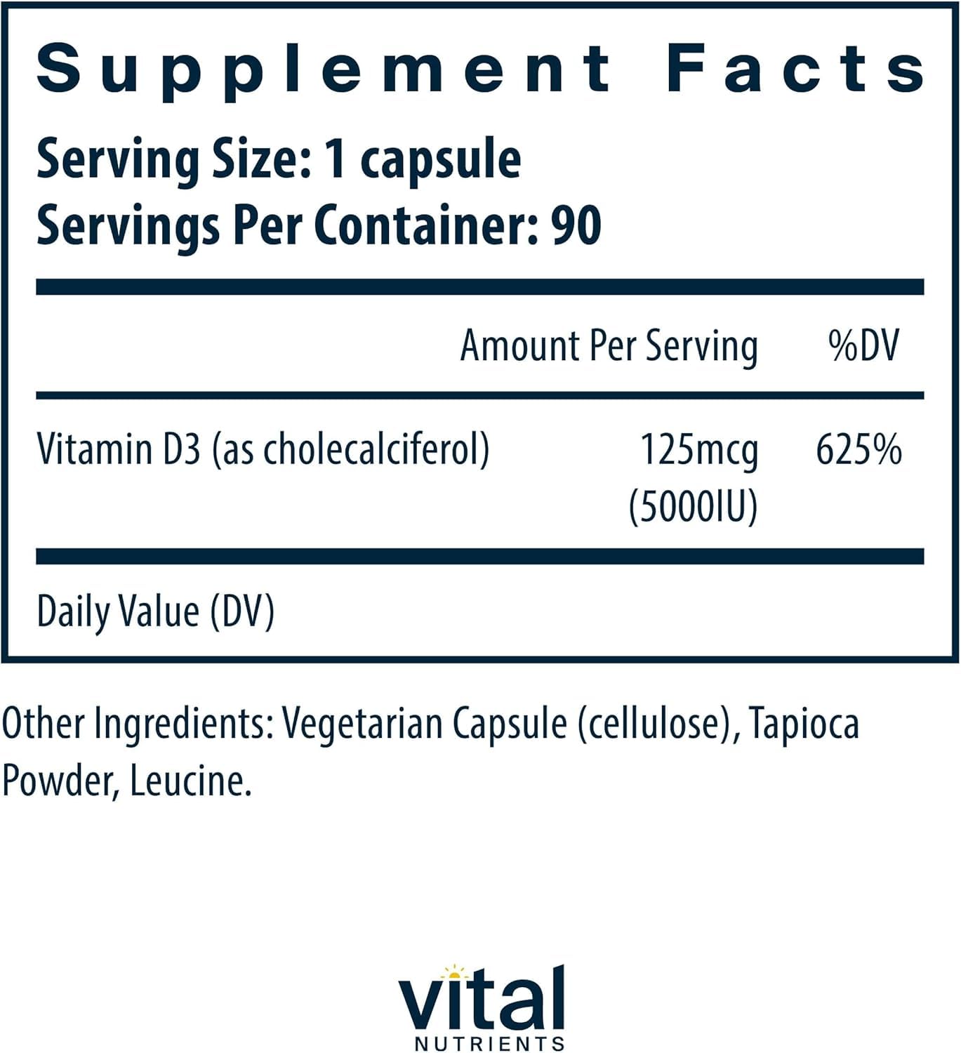 Vital Nutrients Vitamin D 5000 IU | Vitamin D3 Supplement | Healthy Bones, Teeth, Muscles* | Cellular & Immune Function | Calcium Absorption | Gluten, Dairy and Soy Free | 90 Capsules