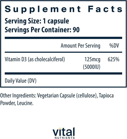 Vital Nutrients Vitamin D 5000 IU | Vitamin D3 Supplement | Healthy Bones, Teeth, Muscles* | Cellular & Immune Function | Calcium Absorption | Gluten, Dairy and Soy Free | 90 Capsules