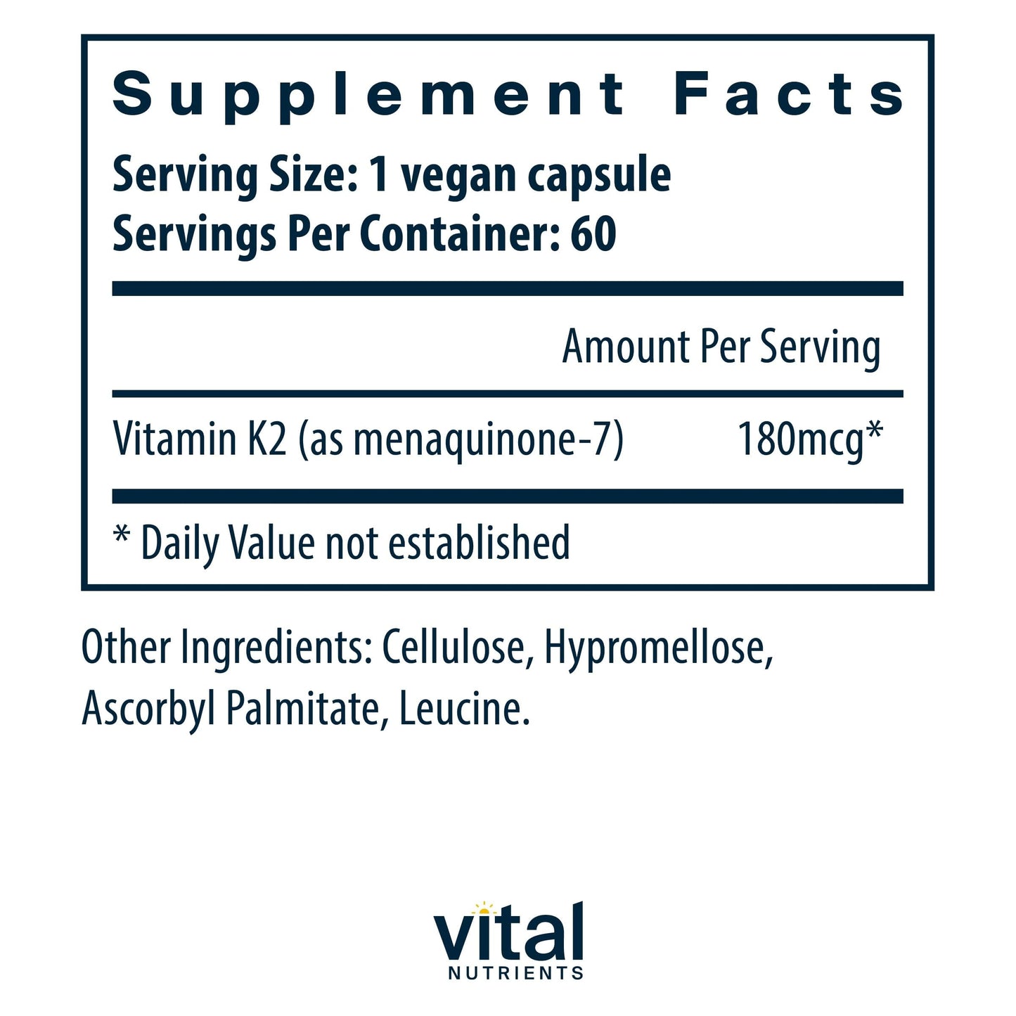 Vital Nutrients Vitamin K2-7 MK7 | Vegan, Non-GMO | 60 Capsules