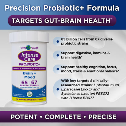 Vital Planet Intense Care Brain & Mood Probiotics – 65B CFU, 67 Strains, 30 Ct