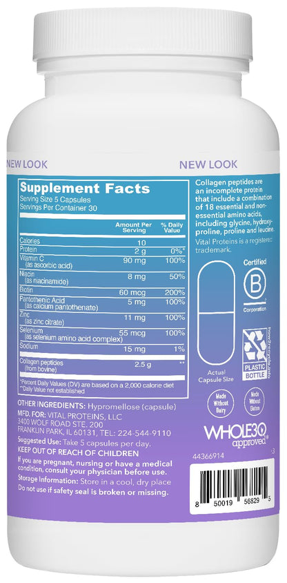 Vital Proteins Collagen Peptides Beauty Edition Capsules — 2.5g per Serving, Biotin & Vitamin C, 30 Servings