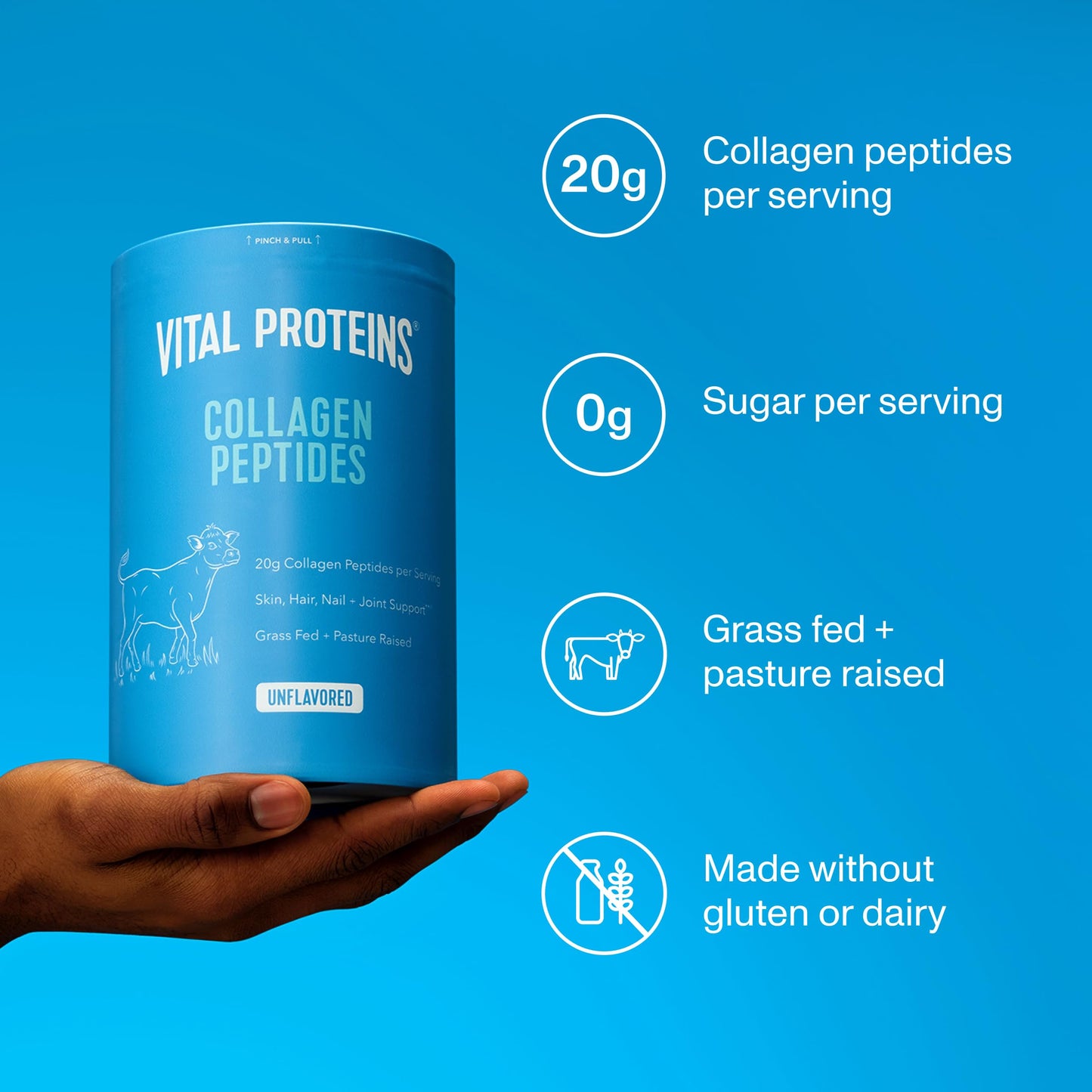 Vital Proteins Collagen Peptides Unflavored 20oz - Grass-Fed, Zero Sugar, Supports Hair, Skin, Nails, Joints