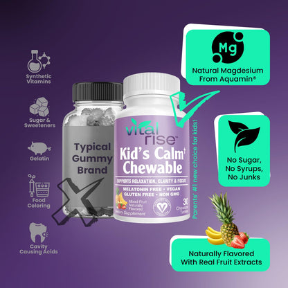 Vital Rise Kids Magnesium Chewables – Sugar-Free, Melatonin-Free Calm & Focus (30 Count)