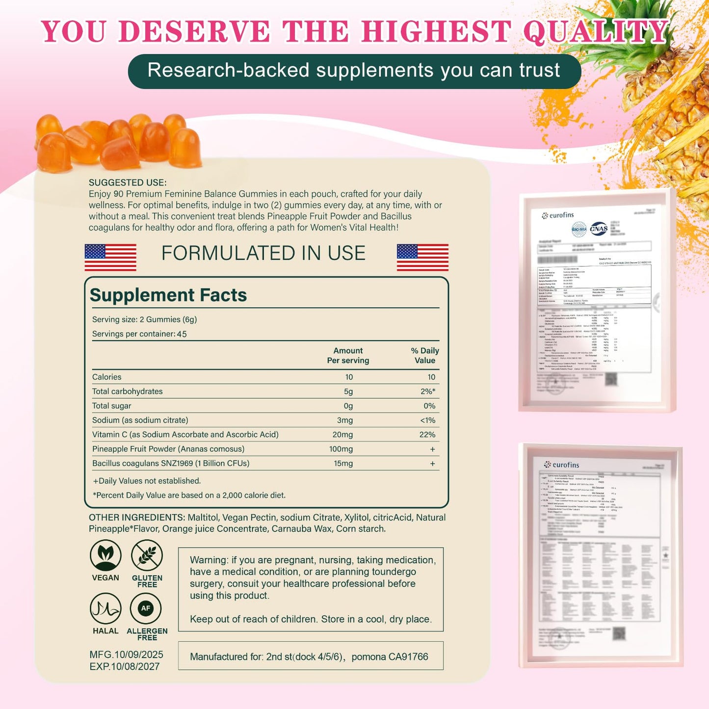 Vital Source Premium Feminine Balance Gummies - Vaginal Probiotic, pH & Immune Support, Pineapple