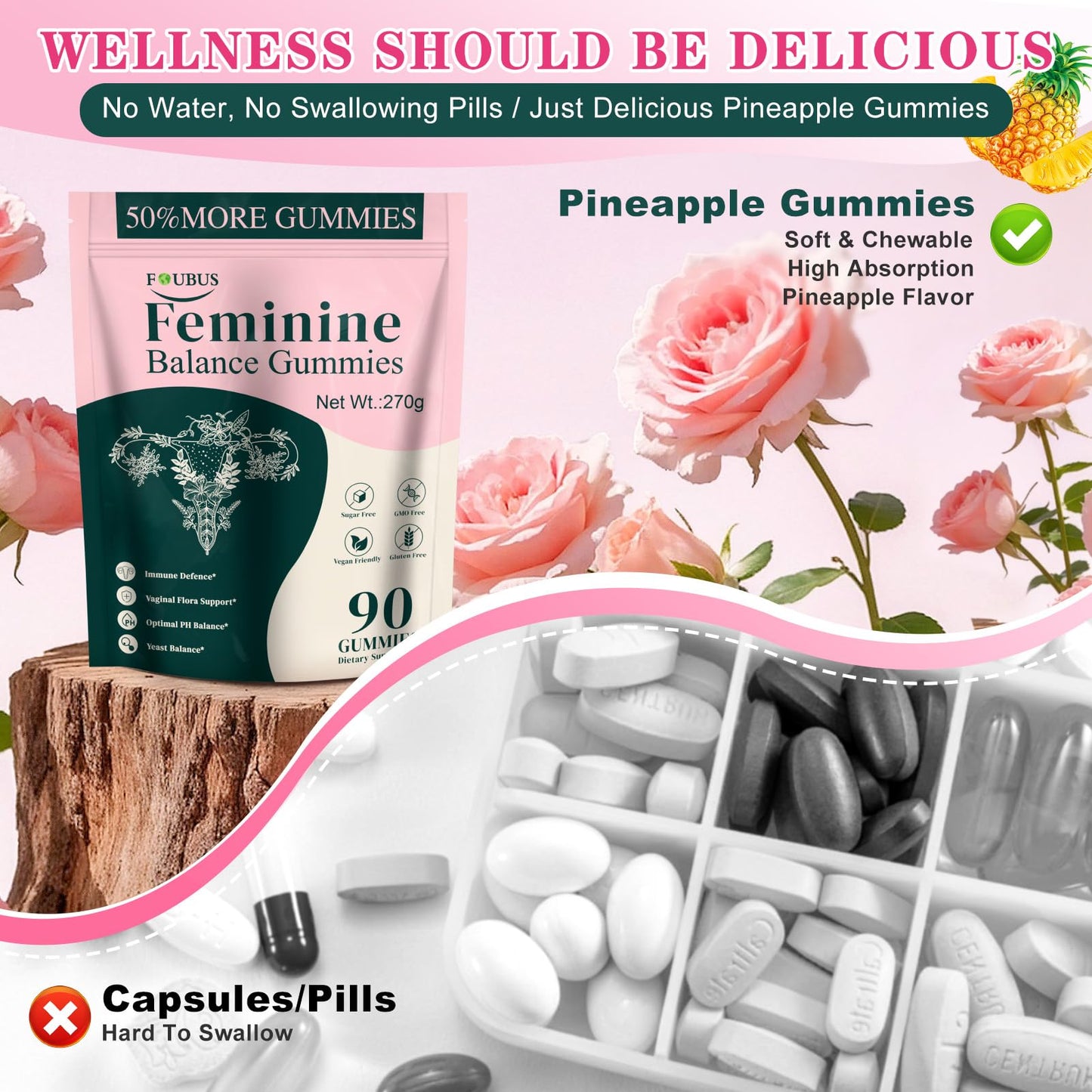 Vital Source Premium Feminine Balance Gummies - Vaginal Probiotic, pH & Immune Support, Pineapple