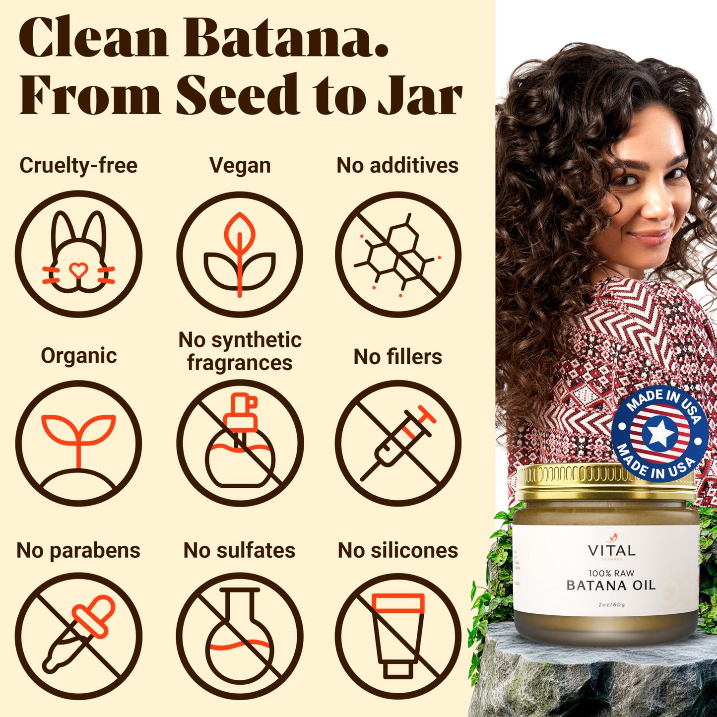 Vital Strands 100% Organic Raw Batana Oil for Hair Growth – All Hair Types – 2oz Glass Jar