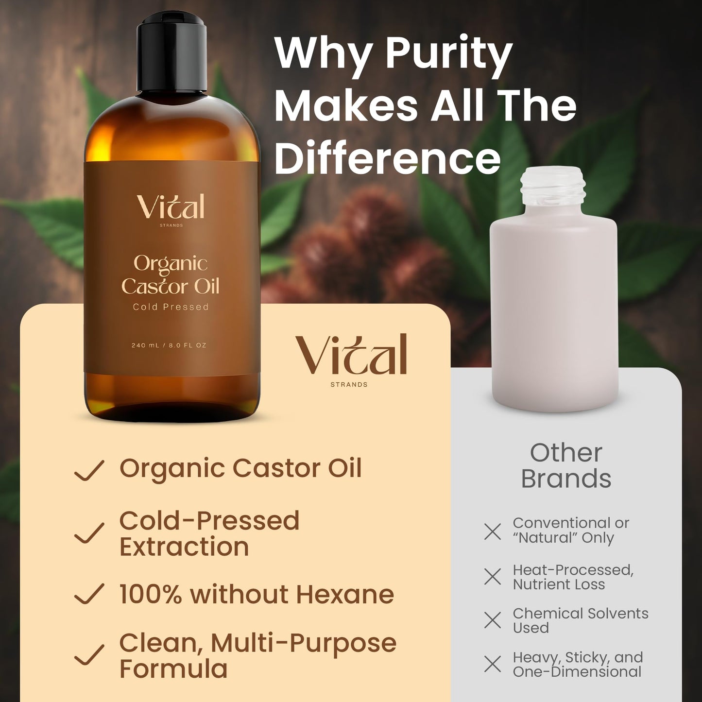 Vital Strands Castor Oil Organic & Cold Pressed – Hair & Skin Nourishment, Eyelash & Brow Serum – Hexane Free, Vegan, 8oz